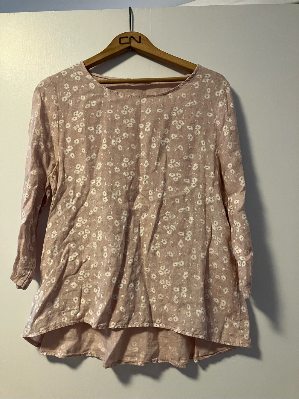 Blush Pink Floral Scoop-Neck Blouse 💯 Linen Made in Italy